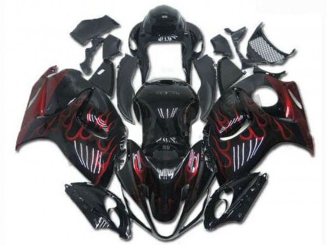 Billige Suzuki GSXR 1300 Hayabusa Motorrad Verkleidung 2008-2020 - Glanzendes Schwarz Rot Flamme