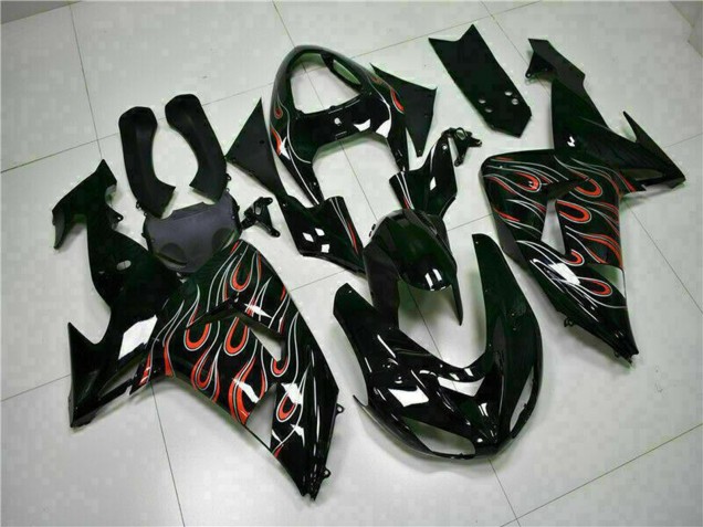 Billige Kawasaki ZX10R Motorrad Verkleidung Kit 2006-2007 - Glanzendes Schwarz Rot Flamme