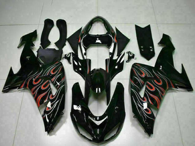Billige Kawasaki ZX10R Motorrad Verkleidung Kit 2006-2007 - Glanzendes Schwarz Rot Flamme