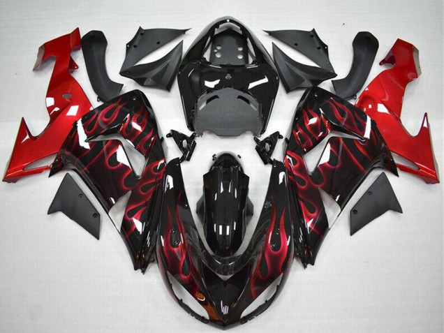 Billige Kawasaki ZX10R Motorrad Verkleidung 2006-2007 - Glanzendes Schwarz Rot Flamme
