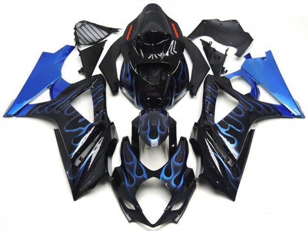 Billige Suzuki GSXR 1000 Motorrad Verkleidung 2007-2008 - Glanzendes Schwarz Blau Flamme