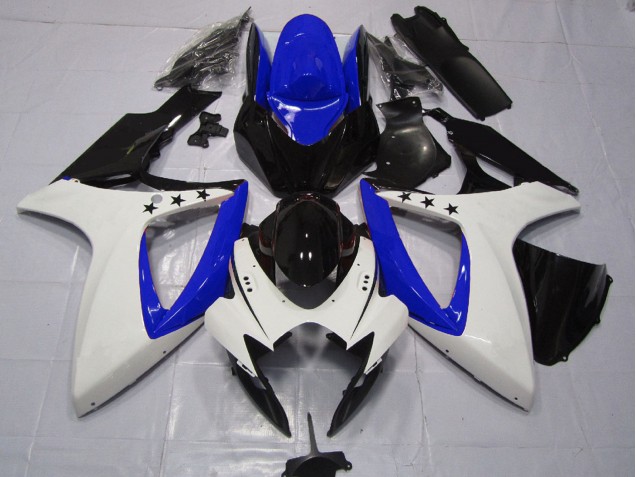 Billige Suzuki GSXR 600 / GSXR 750 Motorrad Verkleidung 2006-2007 - Weiss Blau Glanzendes Schwarz Stern