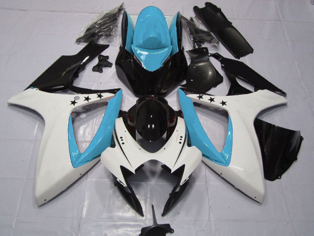 Billige Suzuki GSXR 600 / GSXR 750 Motorrad Verkleidung 2006-2007 - Hellblau Weiss Glanzendes Schwarz Stern