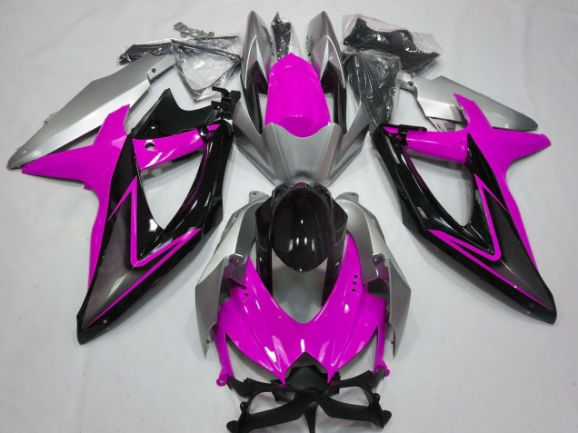 Billige Suzuki GSXR 600 / GSXR 750 Motorrad Verkleidung 2008-2010 - Silber Rosa Glanzendes Schwarz