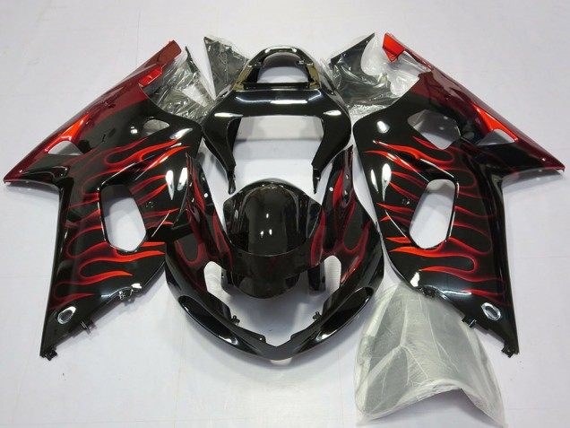 Billige Suzuki GSXR 600 / GSXR 750 Motorrad Verkleidung 2001-2003 - Glanzendes Schwarz Rot Flamme