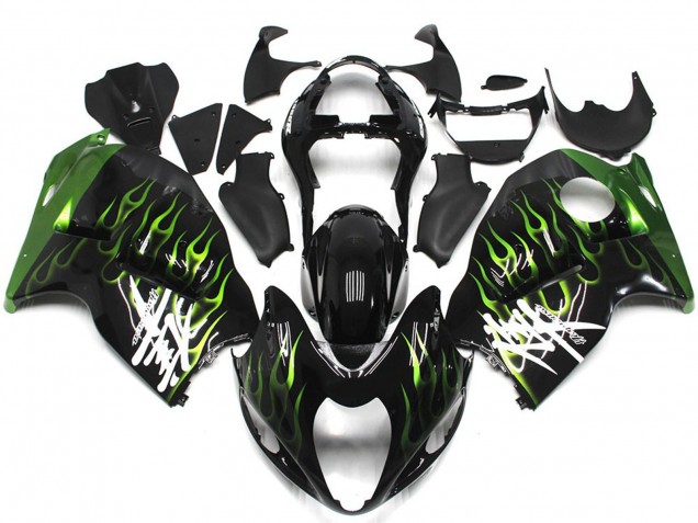Billige Suzuki GSXR 1300 Motorrad Verkleidung 1996-2007 - Glanzendes Schwarz mit Dunkel Grun Flamme