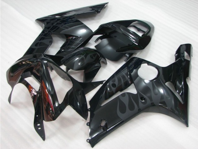 Billige Kawasaki ZX6R Motorrad Verkleidung 2003-2004 - Glanzendes Schwarz Grau Flamme