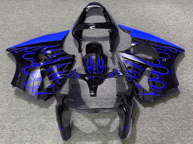 Billige Kawasaki ZX6R Motorrad Verkleidung 2000-2002 - Glanzendes Schwarz Blau Flamme