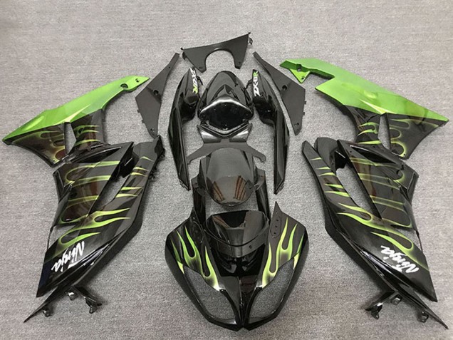 Billige Kawasaki ZX6R Motorrad Verkleidung 2009-2012 - Glanzendes Schwarz Grun Flamme