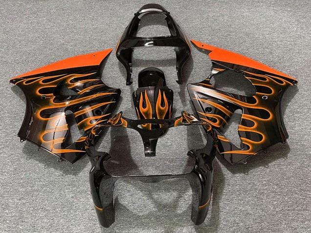 Billige Kawasaki ZX6R Motorrad Verkleidung 2000-2002 - Glanzendes Schwarz Orange Flamme