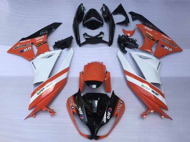 Billige Kawasaki ZX6R Motorrad Verkleidung 2009-2012 - Orange Weiss Glanzendes Schwarz Elf Touch4 Bridgestone