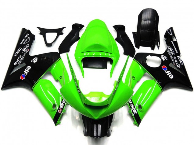 Billige Kawasaki ZX6R Motorrad Verkleidung 2003-2004 - Grun Glanzendes Schwarz Elf Silkolene