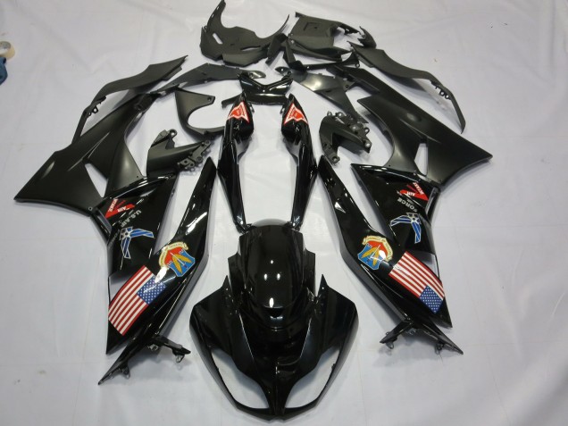 Billige Kawasaki ZX6R Motorrad Verkleidung 2009-2012 - Glanzendes Schwarz Matt Schwarz American Flag