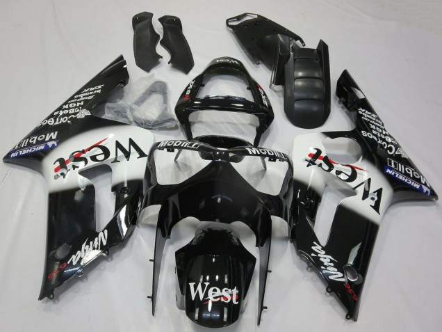 Billige Kawasaki ZX6R Motorrad Verkleidung 2003-2004 - Glanzendes Schwarz Weiss West