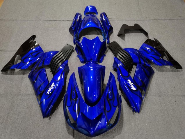 Billige Kawasaki ZX14R Motorrad Verkleidung 2006-2011 - Blau Schwarz Flamme