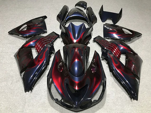 Billige Kawasaki ZX14R Motorrad Verkleidung 2006-2011 - Chameleon Blau Schwarz Rot Flamme