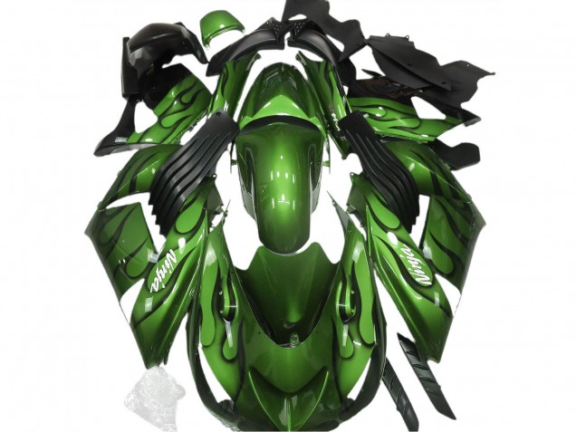 Billige Kawasaki ZX14R Motorrad Verkleidung 2006-2011 - Grun Schwarz Flamme