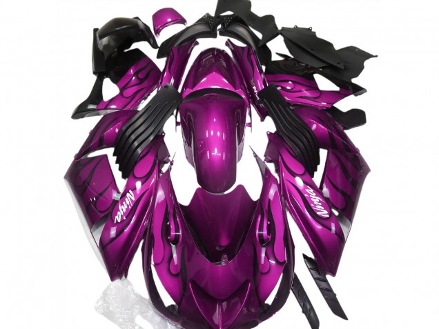 Billige Kawasaki ZX14R Motorrad Verkleidung 2006-2011 - Lila Schwarz Flamme Weiss Ninja