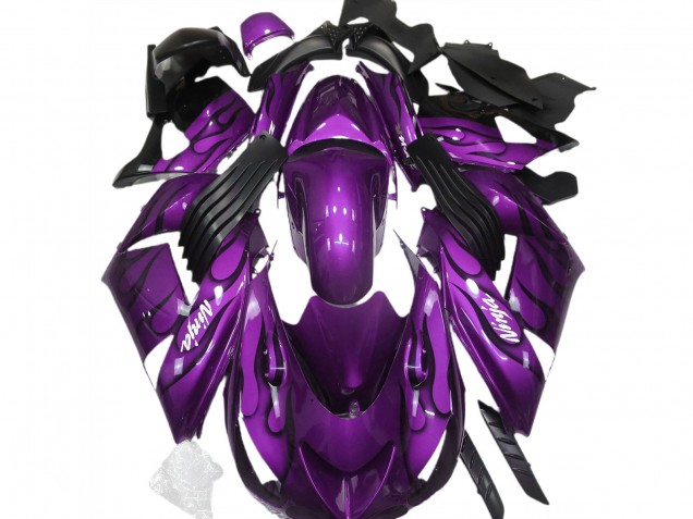 Billige Kawasaki ZX14R Motorrad Verkleidung 2006-2011 - Lila Schwarz Flamme Weiss Ninja