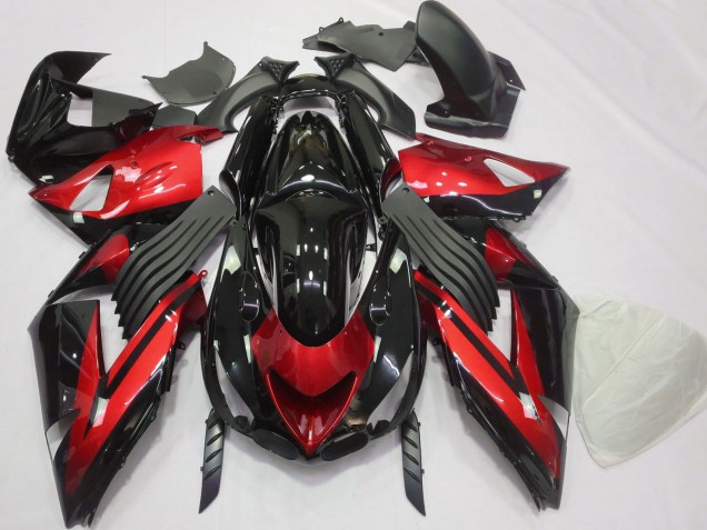 Billige Kawasaki ZX14R Motorrad Verkleidung 2006-2011 - Rot Glanzendes Schwarz Streifen