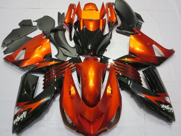 Billige Kawasaki ZX14R Motorrad Verkleidung 2006-2011 - Orange Glanzendes Schwarz