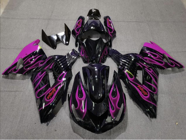 Billige Kawasaki ZX14R Motorrad Verkleidung 2006-2011 - Glanzendes Schwarz Lila Flamme