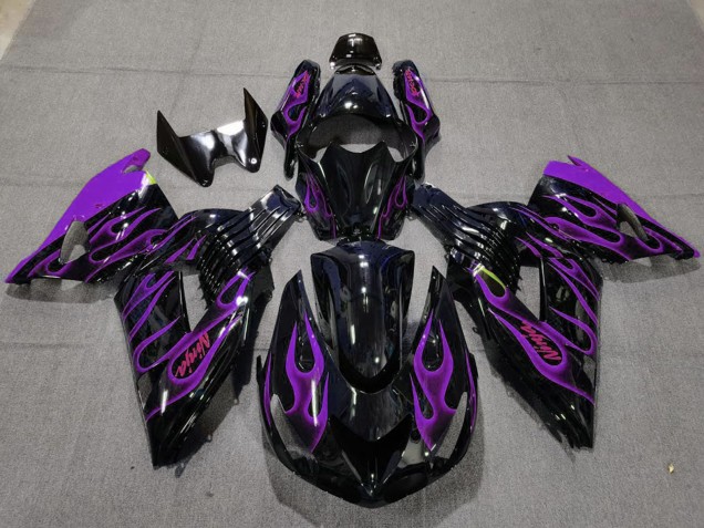 Billige Kawasaki ZX14R Motorrad Verkleidung 2006-2011 - Glanzendes Schwarz Lila Flamme