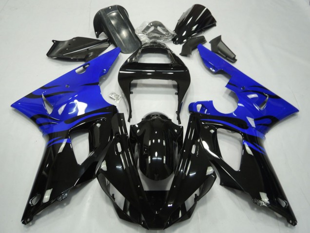 Billige Yamaha R1 Motorrad Verkleidung 2000-2001 - Blau Glanzendes Schwarz Flamme