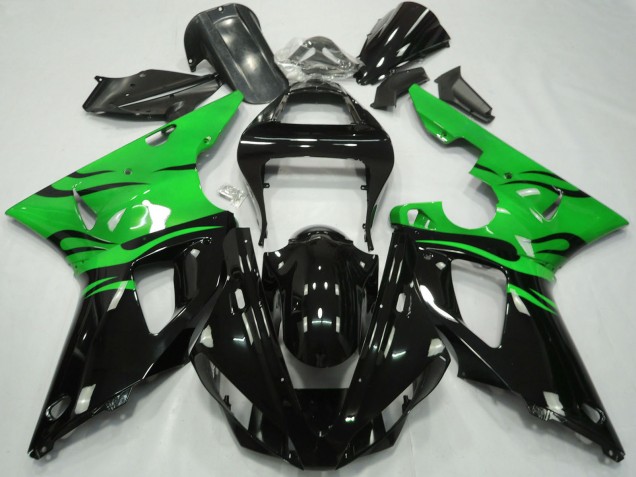 Billige Yamaha R1 Motorrad Verkleidung 2000-2001 - Grun Glanzendes Schwarz Flamme