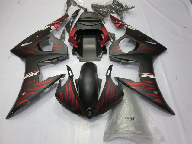 Billige Yamaha R6 Motorrad Verkleidung 2003-2004 - Matt Schwarz Rot Flamme
