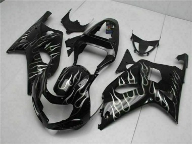 Billige Suzuki GSXR 600/750 Motorrad Verkleidung 2001-2003 - Glanzendes Schwarz Silber Flamme