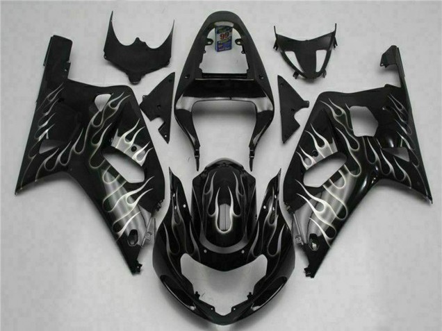 Billige Suzuki GSXR 600/750 Motorrad Verkleidung 2001-2003 - Glanzendes Schwarz Silber Flamme