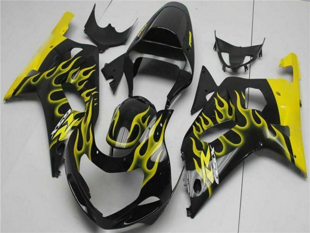 Billige Suzuki GSXR 600/750 Motorrad Verkleidung 2001-2003 - Glanzendes Schwarz Gelb Flamme