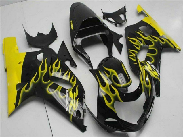 Billige Suzuki GSXR 600/750 Motorrad Verkleidung 2001-2003 - Glanzendes Schwarz Gelb Flamme