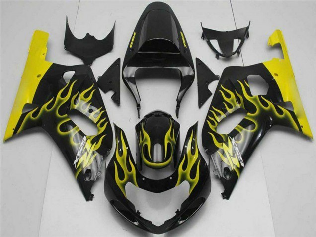 Billige Suzuki GSXR 600/750 Motorrad Verkleidung 2001-2003 - Glanzendes Schwarz Gelb Flamme