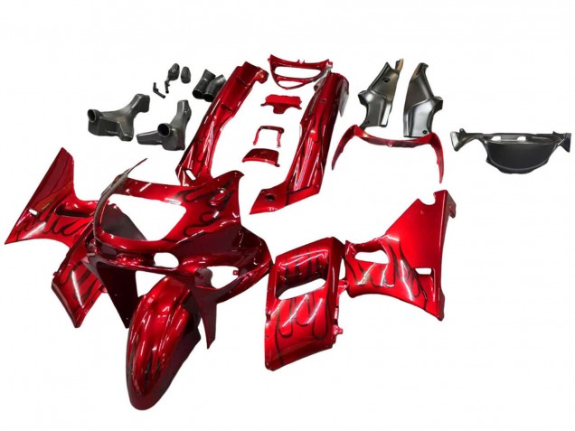 Billige Kawasaki ZZR600 Motorrad Verkleidung 1998-2003 - Rot mit Schwarz Flamme