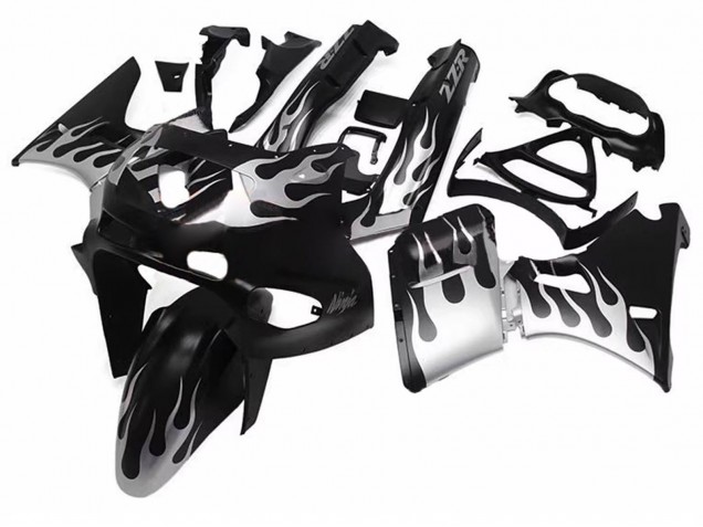 Billige Kawasaki ZZR600 Motorrad Verkleidung 1998-2003 - Glanzendes Schwarz Silber Flamme
