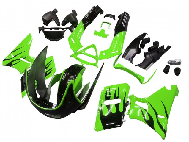 Billige Kawasaki ZZR600 Motorrad Verkleidung 1998-2003 - Grun Glanzendes Schwarz Flamme