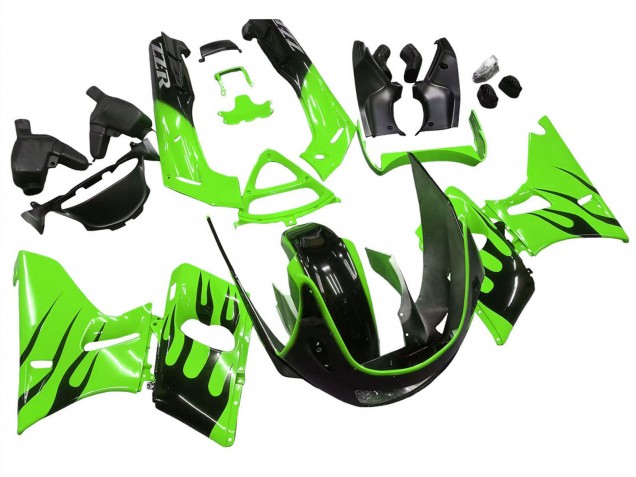 Billige Kawasaki ZZR600 Motorrad Verkleidung 1998-2003 - Grun Glanzendes Schwarz Flamme