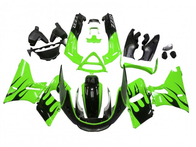Billige Kawasaki ZZR600 Motorrad Verkleidung 1998-2003 - Grun Glanzendes Schwarz Flamme