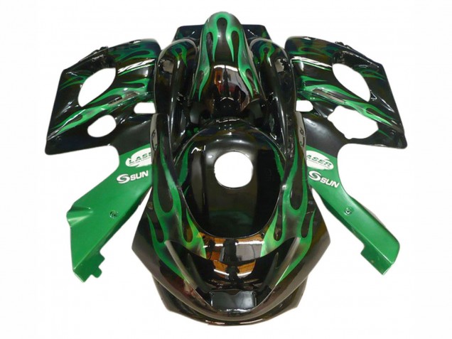 Billige Yamaha YZF600R Thundercat Motorrad Verkleidung 1996-2007 - Schwarz mit Dunkel Gruner Flamme