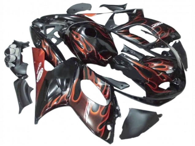 Billige Yamaha YZF600R Thundercat Motorrad Verkleidung 1996-2007 - Schwarz mit Dunkel Orangener Flamme