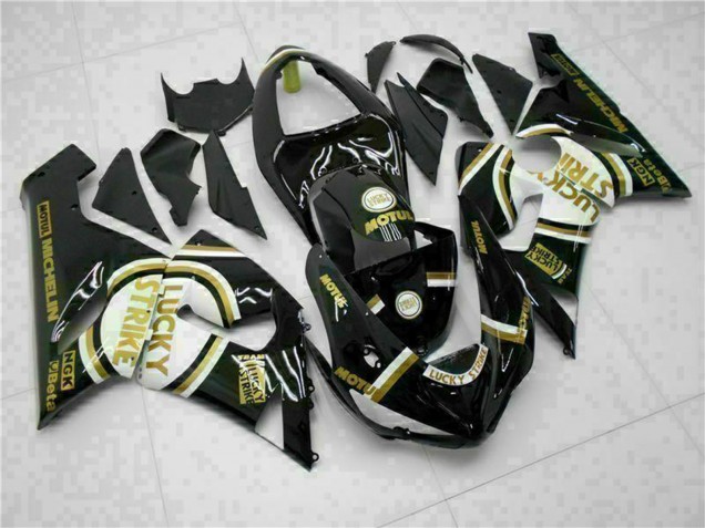Billige Kawasaki ZX6R Motorrad Verkleidung 2005-2006 - Glanzendes Schwarz Weiss Gold Lucky Strike