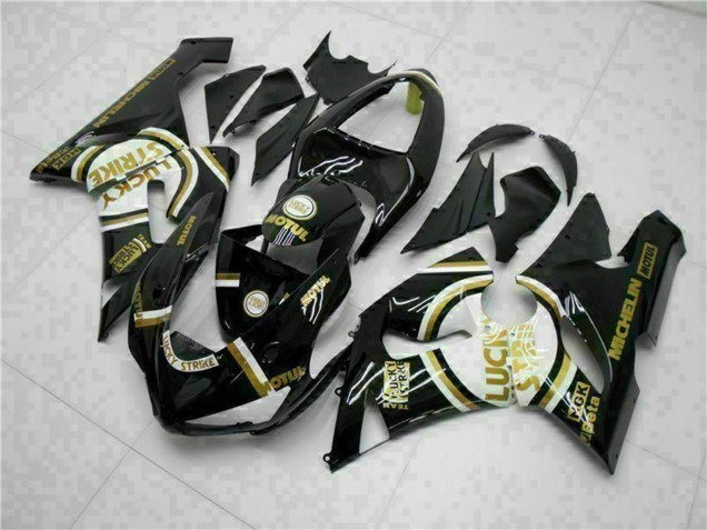 Billige Kawasaki ZX6R Motorrad Verkleidung 2005-2006 - Glanzendes Schwarz Weiss Gold Lucky Strike
