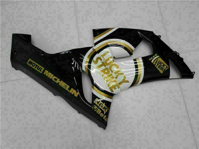 Billige Kawasaki ZX6R Motorrad Verkleidung 2005-2006 - Glanzendes Schwarz Weiss Gold Lucky Strike