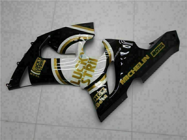 Billige Kawasaki ZX6R Motorrad Verkleidung 2005-2006 - Glanzendes Schwarz Weiss Gold Lucky Strike