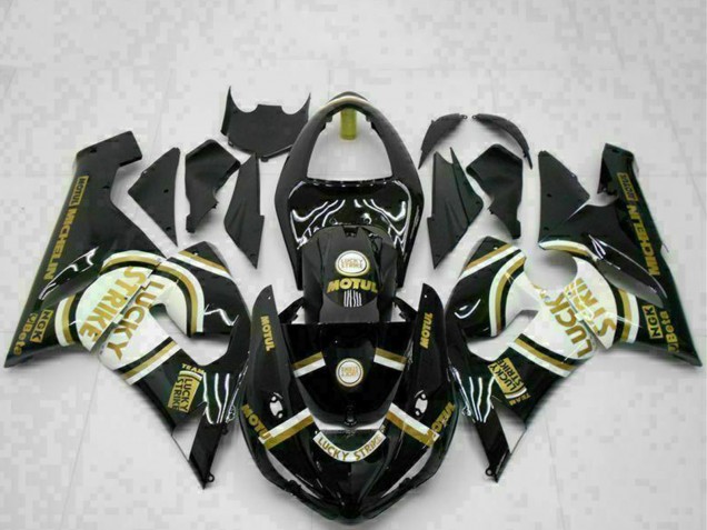 Billige Kawasaki ZX6R Motorrad Verkleidung 2005-2006 - Glanzendes Schwarz Weiss Gold Lucky Strike