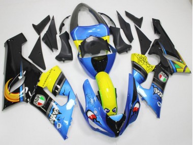 Billige Kawasaki ZX6R Motorrad Verkleidung 2005-2006 - Blau Gelb Schwarz Hai