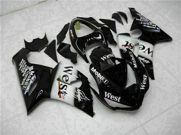 Billige Kawasaki ZX6R Motorrad Verkleidung 2005-2006 - Glanzendes Schwarz Weiss West