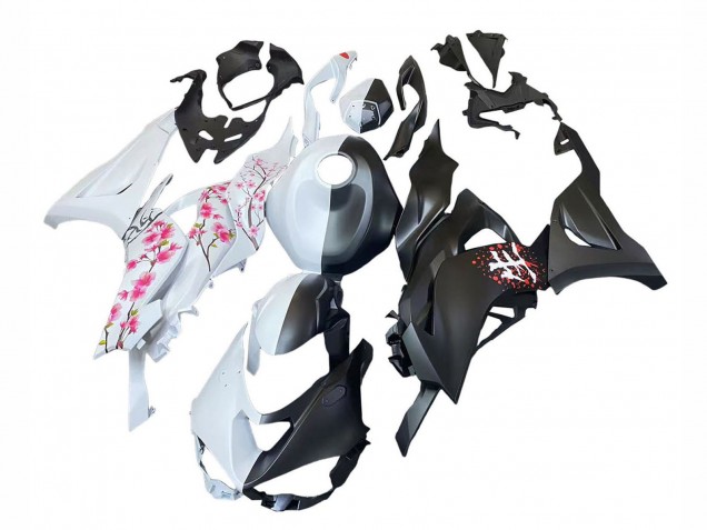 Billige Kawasaki ZX6R Motorrad Verkleidung 2023-2025 - Schwarz Weiss mit Blume